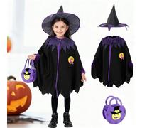 GDLOKFU Disfraz de Bruja Niña, Capa Negra y Morada con Sombrero y Bolsa de Murciélago, Disfraz Halloween Niña para Carnaval, Cosplay y Fiestas Temáticas, Talla 90-140 cm