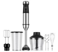 GDOR Licuadora de inmersión 6 en 1 de 1000 W, de acero inoxidable, resistente a los arañazos, de mano con 20 velocidades, incluye batidor, picador, precipitado, batidora de huevos y ganchos para masa