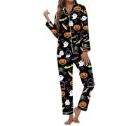 Gdqzzeaiix Pijama Camisero Mujer,Pijama de Halloween con Estampado de Manga Larga y Botones, con Pantalones cómodos para una Noche de Dormir acogedora y Relajante.