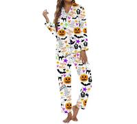 Gdqzzeaiix Pijama Parejas Conjunto,de Manga Larga con Estampado de Halloween, Cuello Abotonado y Pantalones cómodos para una Noche de Dormir acogedora y Relajante.