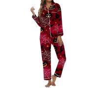Gdqzzeaiix Pijamas De Mujer,de Manga Larga con Estampado de Halloween, Cuello Abotonado y Pantalones cómodos para una Noche de Dormir acogedora y Relajante.