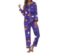 Gdqzzeaiix Pijamas para Mujer,de Halloween con Estampado de Manga Larga y Botones, con Pantalones cómodos para una Noche de Dormir acogedora y Relajante.