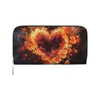 GDSHJKLW Cartera para mujer, diseño de flores de fuego y corazón, con cremallera alrededor, de piel sintética, para teléfono, tarjetero, organizador para mujeres, damas, color negro, talla única,