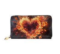 GDSHJKLW Carteras de cuero con cremallera alrededor de flores de fuego y corazón, impermeable, con soporte para teléfono, monedero de viaje para mujer