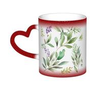 GDSHJKLW Tazas de café de cerámica de 325 ml que cambian de color, taza de café personalizada, taza de té, flor verde, acuarela, hierbas, hojas de salvia y ramas, tazas de café geniales para hombres y