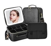 Gdsshuhung Bolsa de cosméticos con espejo LED, bolsa de cosméticos de viaje con espejo iluminado, estuche de cosméticos iluminado en 3 colores con compartimentos ajustables para almacenamiento de