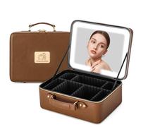 Gdsshuhung Bolsa de maquillaje con espejo LED, 11.5 pulgadas, piel sintética, 3 luces de color, organizador portátil, almacenamiento de maquillaje, regalo para mujeres, Color café, Estuche de