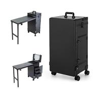 Gdsshuhung Maletín de maquillaje con ruedas y carrito de almacenamiento grande con mesa plegable para uñas, organizador de maquillaje de uñas con espejo LED, 4 cajones, cerradura TSA, Negro -, Bolsa