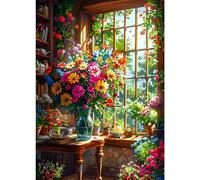 GDYEEH Colourful Flowers Diamond Art Painting Kits, 5D DIY Window Full Round Drill Sparkling Diamond Painting Picture, Diamond Painting Art Craft Kits for Adults Beginners Home Wall Decor 30x40cm
