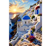 GDYEEH DIY 5D Church Diamond Art Kits, Santorini Round Full Drill Sparkling Diamond Painting Picture, Sunset Diamond Painting Art Kits Craft for Adults Beginners, Home Wall Decor 12x16 inch