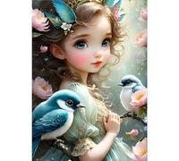 GDYEEH DIY 5D Cute Girl Diamond Art Painting Kit, Flowers Full Round Drill Sparkling Diamond Painting Picture, Birds Diamond Painting Art Craft Kits for Adults Beginners, Home Wall Decor 30x40cm