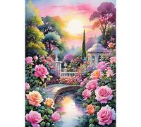 GDYEEH DIY 5D Monet's Garden Diamond Art Kits, Round Full Drill Sparkling Sunset Diamond Painting Picture, Flowers Painting by Numbers Art Kits for Adults Beginners Home Wall Decor 12x16 inch