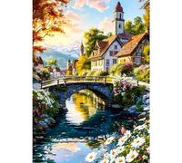 GDYEEH DIY Church 5D Diamond Art Kits, Round Full Drill Sparkling Wildflowers Diamond Painting Picture, Bridge River Painting by Numbers Art Kits for Adults Beginners Home Wall Decor 12x16 inch
