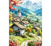 GDYEEH DIY Country Cottages 5D Diamond Art Kits, Round Full Drill Sparkling Mountain Diamond Painting Picture, Landscape Painting by Numbers Art Kits for Adults Beginners Home Wall Decor 12x16 inch