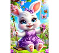 GDYEEH DIY Swinging Bunny 5D Diamond Art Kits, Round Full Drill Sparkling Rabbit Diamond Painting Picture, Garden Butterfly Painting by Numbers Art Kits for Adults Beginners Home Wall Decor 12x16inch