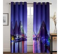 GDYRYD Cortinas Opacas Habitacion Juvenil - Patrón De Escena Nocturna De La Ciudad Azul De Impresión Cortinas Opacas 2 Piezas Largas 125x300cm Cortinas Salon Modernas, Salón Dormitorio Decoración De
