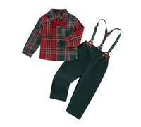 Geagodelia Conjunto de 2 piezas para niño de Navidad caballero camisa de manga larga+pantalones con tirantes traje de Navidad elegante para niños de 1 a 7 años, rojo, 3-4 Años
