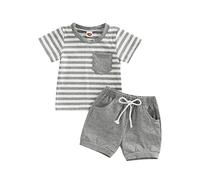 Geagodelia Conjunto de camiseta de manga corta a rayas para bebé con pantalones cortos elásticos en la cintura completos de verano Top de cuello redondo con bolsillo, Color gris., 12- 18 meses