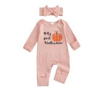 Geagodelia Conjunto de mameluco acanalado de manga larga y diadema para bebé recién nacida con manoplas, estampado de calabaza, para Halloween, para niña recién nacida, Pumpkin My First Halloween Pink