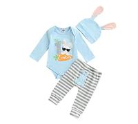 Geagodelia Conjunto de ropa de Pascua para recién nacido, para bebé, niña y niña My 1st First Pascua, mameluco de conejo de manga larga + pantalones + sombrero de oreja de conejo, azul claro, 6 mes