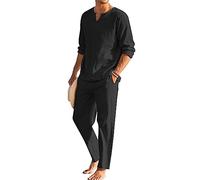 Geagodelia Conjunto de verano para hombre, 2 piezas, informal, para playa, mono completo, camiseta de manga larga + pantalones con cordón, conjunto para hombres, Negro , M