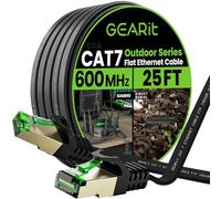 GearIT Cable Ethernet plano Cat 7 para exteriores (25 pies, negro), cubierta LLDPE con clasificación de entierro directo, blindado Cat7 para interiores, FTP, 600 MHz, 10 Gbps, red de computadora para