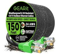 GearIT RJ45 Cat-6 Ethernet Patch Cable, 10Gpbs Transfer Speed, Gold-Plated Connectors, Copper Clad, Outdoor, UV Resistant, Direct Burial, Waterproof, Durable, 150 Foot (45.7 Meters), Black