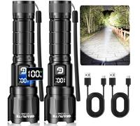 GEARLITE Linterna LED recargable, 3 modos de luz, 6000 lm, linterna con zoom superbrillante, con pantalla LCD, IP65, resistente al agua y XHP70.2, lámpara de mano táctica para camping, pesca