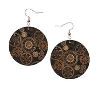 Gears Clock - Juego de aretes redondos de cuero con diseño de bronce con estampado del siglo, 1 par de aretes de cuero elegantes para mujer, joyería de regalo, One Size, Poliéster