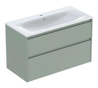 Geberit Renova Plan Conjunto de muebles lavabo con borde estrecho, con mueble bajo lavabo, 2 cajones, 100x62,1x48cm, 504.041.IK.8, Color: Lavabo: blanco/KeraTect, frente/carcasa: verde ungüento/barniz