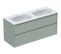 Geberit Renova Plan Conjunto mueble doble lavabo borde estrecho, con mueble bajo lavabo, 2 cajones, 130x62,1x48cm, 504042IK1, Color: Lavabo: blanco, frente/carcasa: verde ungüento/barnizado satinado m
