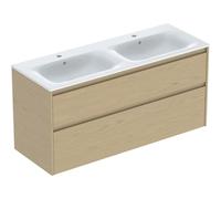 Geberit Renova Plan Conjunto mueble doble lavabo borde estrecho, con mueble bajo lavabo, 2 cajones, 130x62,1x48cm, 504042PS8, Color: Lavabo: blanco/KeraTect, frente/carcasa: estructura de madera de ro