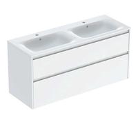 Geberit Renova Plan Conjunto mueble doble lavabo borde estrecho, con mueble bajo lavabo, 2 cajones, 130x62,1x48cm, 504.042.01.1, Color: Lavabo: blanco, frente/carcasa: blanco/barnizado con brillo sati
