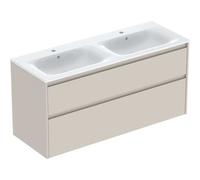 Geberit Renova Plan Conjunto mueble doble lavabo borde estrecho, con mueble bajo lavabo, 2 cajones, 130x62,1x48cm, 504.042.DB.1, Color: Lavabo: blanco, frente/carcasa: gris arena/barnizado satinado ma