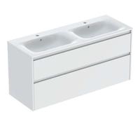 Geberit Renova Plan Conjunto mueble doble lavabo borde estrecho, con mueble bajo lavabo, 2 cajones, 130x62,1x48cm, 504.042.00.1, Color: Lavabo: blanco, frente/carcasa: blanco/barnizado satinado mate