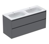 Geberit Renova Plan Conjunto mueble doble lavabo borde estrecho, con mueble bajo lavabo, 2 cajones, 130x62,1x48cm, 504.042.JK.8, Color: Lavabo: blanco/KeraTect, frente/carcasa: lava/barnizado satinado