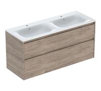 Geberit Renova Plan Conjunto mueble doble lavabo borde estrecho, con mueble bajo lavabo, 2 cajones, 130x62,1x48cm, 504.042.JR.8, Color: lavabo: blanco/KeraTect, frente/carcasa: nogal americano/estruct
