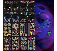 GEBETTER 12 Hojas Tatuajes Temporales Brillan Luz Negra Festival, 8* Calcomanías Cuerpo + 4* Pegatinas Cara, Tatoos Tattoos Tatus Brillantes Ultravioleta Fiesta Neón Maquillaje Fluo Adultos Niños