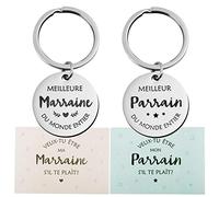 GEBETTER 2 Llaveros en Francés para Madrina y Padrino + 2 Tarjetas + 2 Sobres, Regalo Invitación Bautizo Porte-Clés Baptême Marraine Parrain Français