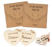 GEBETTER 2 Placas Corazón Madera + 2 Sobres Kraft en Francés para Futura Madrina Padrino Marraine Parrain Regalo Sorpresa Invitación Bautizo Baby Shower Bebé Estilo Rústico