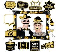 GEBETTER 21Pcs Photocall Feliz Jubilación Español, 1* Marco Fotos Inflable + 20* Accesorios, Decoración de Fiesta Regalo Jubilado Fotocall Foto Prop Fotomaton Happy Retirement Oro Negro