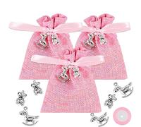 GEBETTER 24* Bolsas 10x8 cm + 24* Colgantes + 1* Cinta, Bautizo Baby Shower Niña Rosa Recuerdo Regalo Invitados Detalles Bolsitas Tela Arpillera Fiesta Cumpleaños Nacimiento Bebé Dulces (Rosado)