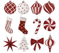 GEBETTER 24Pcs Adornos Papel Árbol Navidad Hilos 12 Modelos Bolas Calcetines Estrella Lazo Bastón Caramelo Dos Caras Etiquetas Colgantes Navideñas Cajas Bolsas Regalo Decoración (Rojo Blanco)