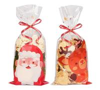GEBETTER 50* Bolsas Regalos Navidad Celofán + 50* Lazos Torcedura Dorados + 2* Cintas Rojas, Bolsas Navideñas 13x27 cm Plástico OPP Reno Papá Noel Chuches Caramelos Dulces Niños Fiestas (2 Tipos)