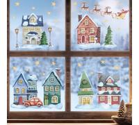 GEBETTER 6 Hojas Pegatinas Navidad Ventanas Cristal Doble Cara, Decoración Ventana Navidad Invierno Año Nuevo, Adorno Navideño Hogar Casas Nieve Árboles Renos Papá Noel Luz Calle (Casitas Estrellas)