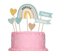 GEBETTER 7Pcs Adornos Tartas Cumpleaños + 2Pcs Hojas Letras Adhesivas, Cake Toppers Decoración Pastel Happy Birthday, Arcoiris Corazones Niñas Niños Fiesta Infantil (Azul)