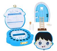 GEBETTER Caja Dientes de Leche Niño en Español + Puerta Pérez Ratoncito, Cajita Madera Guardar Dientes, Pinzas, Botecito, Puerta, Felpudo, Escalera, Queso y Plato, Regalo Niño 5 6 7 8 9 Años (Azul)