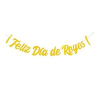 GEBETTER Decoración Día de los Tres Reyes Magos Español, Guirnalda Feliz Día de Reyes 1,2m con Lazo Dorado, Pancarta Fiesta de Reyes Navidad Banderín Banner Cartel Papel Oro Purpurina Pared Ventana