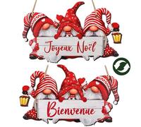 GEBETTER Decoración Navidad para Puertas en Francés Bienvenue & Joyeux Noël Adorno Navideño para Entrada Cartel Puerta de Madera Gnomo Navidad