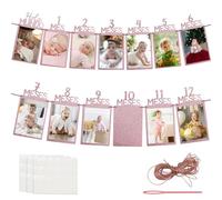 GEBETTER Guirnalda Español Fotos 12 Meses Bebé Decoración Cumpleaños 1 Año, 13Pcs Tarjetas Hilo Pegamento Aguja Plástico, Pancarta Fiesta Cumple Mes Regalo Recuerdo Recién Nacida (Rosa Oro Purpurinas)
